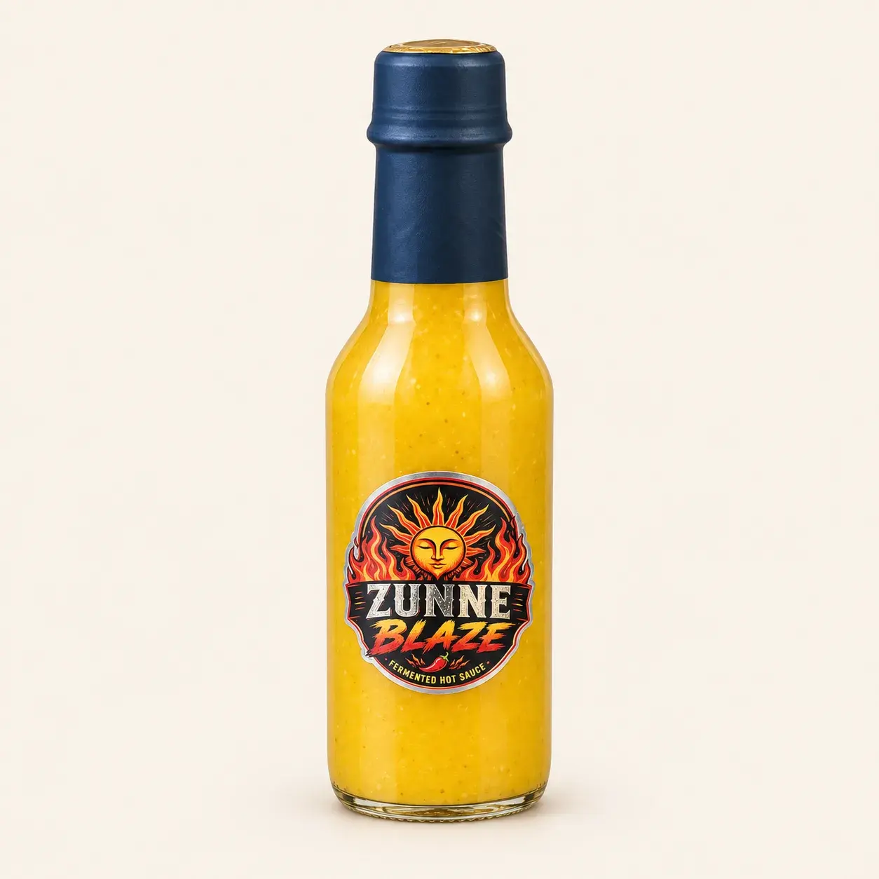 Fles Zunne Blaze Adjuma & Madame Jeanette — zeer pittige gefermenteerde hot sauce, gele saus in een glazen fles met donkerblauwe dop en het ronde Zunne Blaze-logo