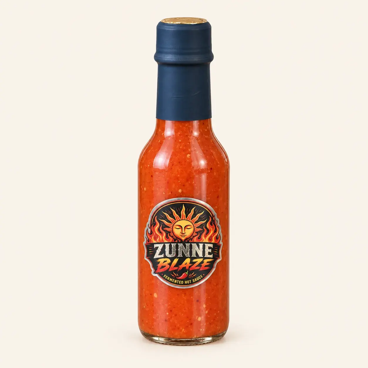 Fles Zunne Blaze Habanero — hete gefermenteerde hot sauce, dieprode saus in een glazen fles met donkerblauwe dop en het ronde Zunne Blaze-logo