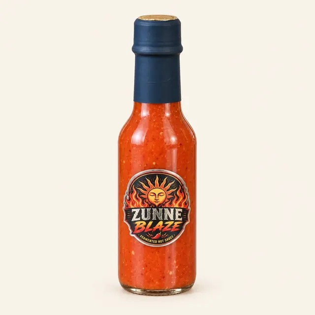 Fles Zunne Blaze Habanero — hete gefermenteerde hot sauce, dieprode saus in een glazen fles met donkerblauwe dop en het ronde Zunne Blaze-logo