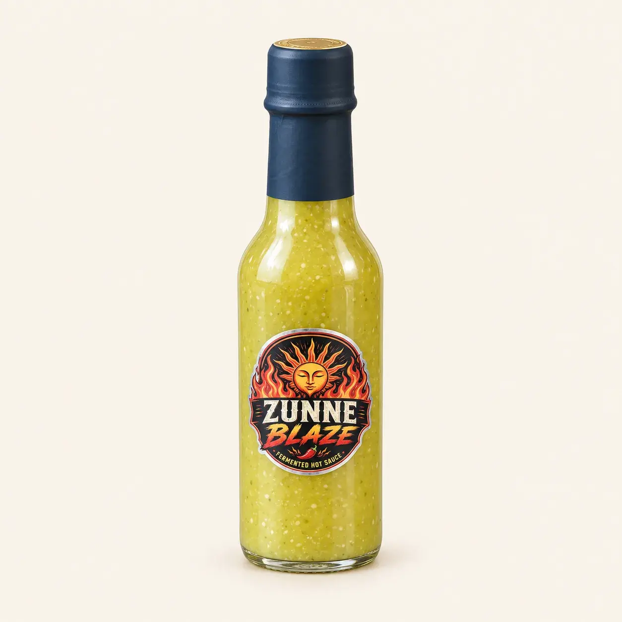 Fles Zunne Blaze Jalapeño — milde gefermenteerde hot sauce, groene saus in een glazen fles met donkerblauwe dop en het ronde Zunne Blaze-logo