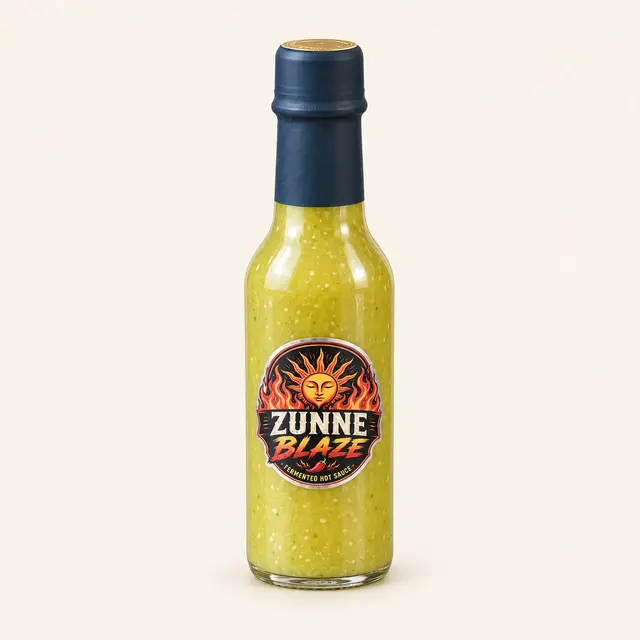 Fles Zunne Blaze Jalapeño — milde gefermenteerde hot sauce, groene saus in een glazen fles met donkerblauwe dop en het ronde Zunne Blaze-logo