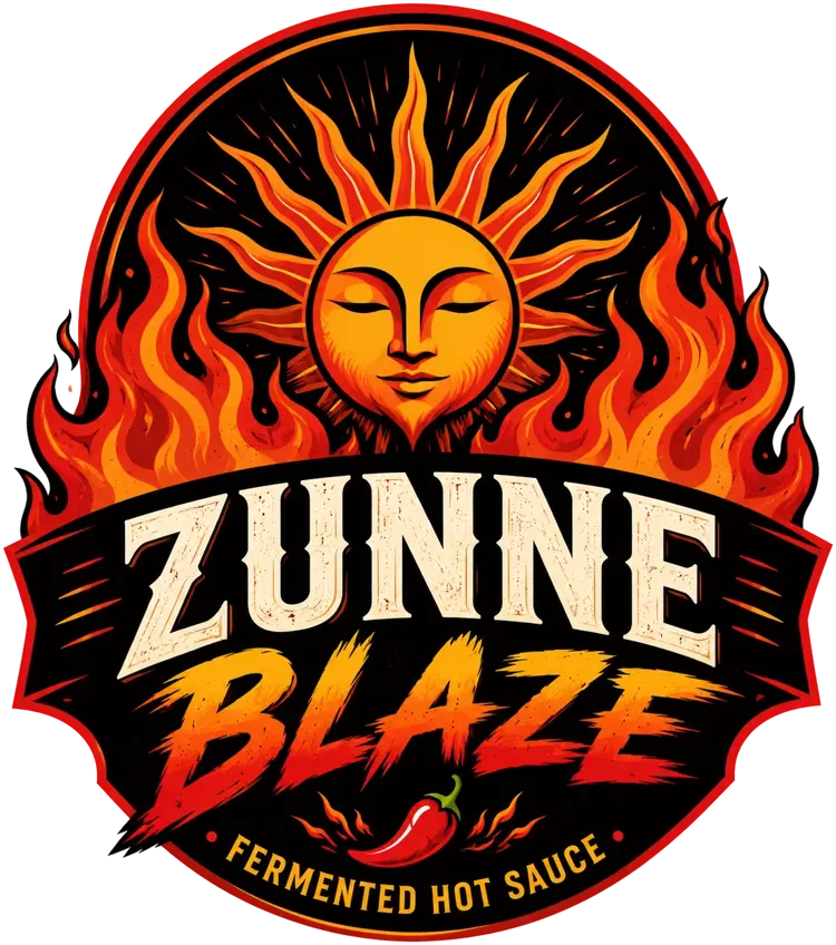 Zunne Blaze logo — oplaaiende zon met gezicht en vlammen