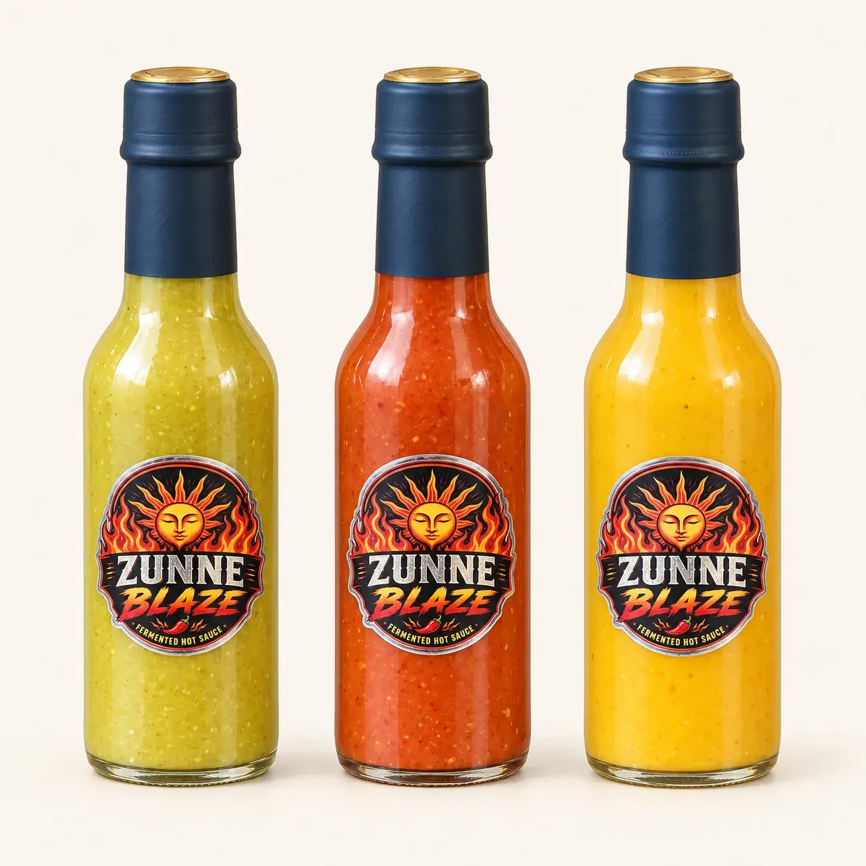 Zunne Blaze proefpakket — drie flessen gefermenteerde hot sauce naast elkaar: groene jalapeño, rode habanero en gele adjuma & madame jeanette